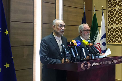 Miguel Arias Cañete con Ali Akbar Salehi La UE reitera a Teherán su compromiso con el pacto nuclear pese a EEUU